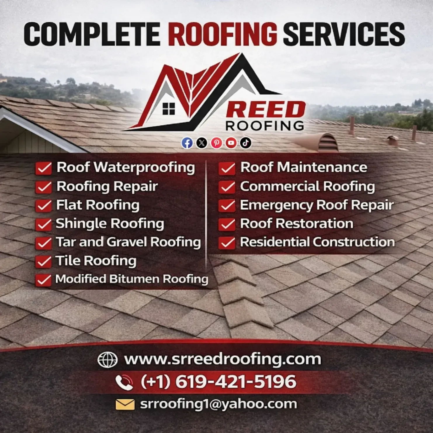Reed Roofing complete roofing services post with contact information and available roofing solutions.